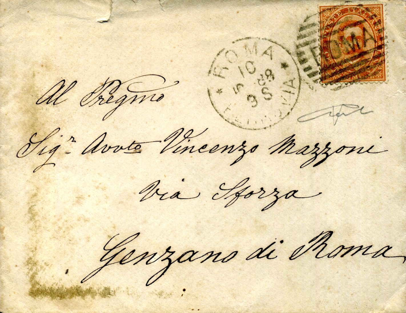 Brief aus Rom vom 10.10. 1888 mit experimentellem Stempel